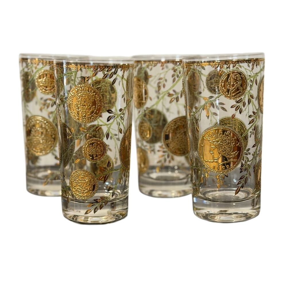 Vintage Culver Rare Midas Highball Tumbler Glass Coins and Vines MCM Set of 4 - Picture 4 of 14